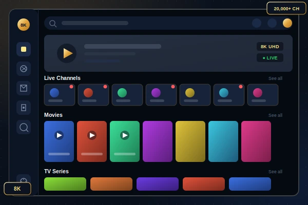 8K Strong IPTV UK streaming app interface showing live channels, movies, and TV series in 8K Ultra HD